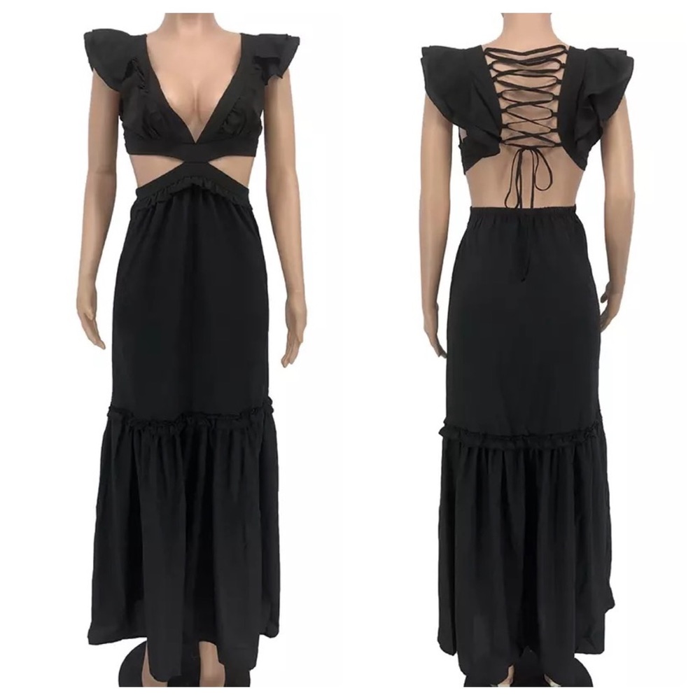 Black boho ruffle tie maxi dress